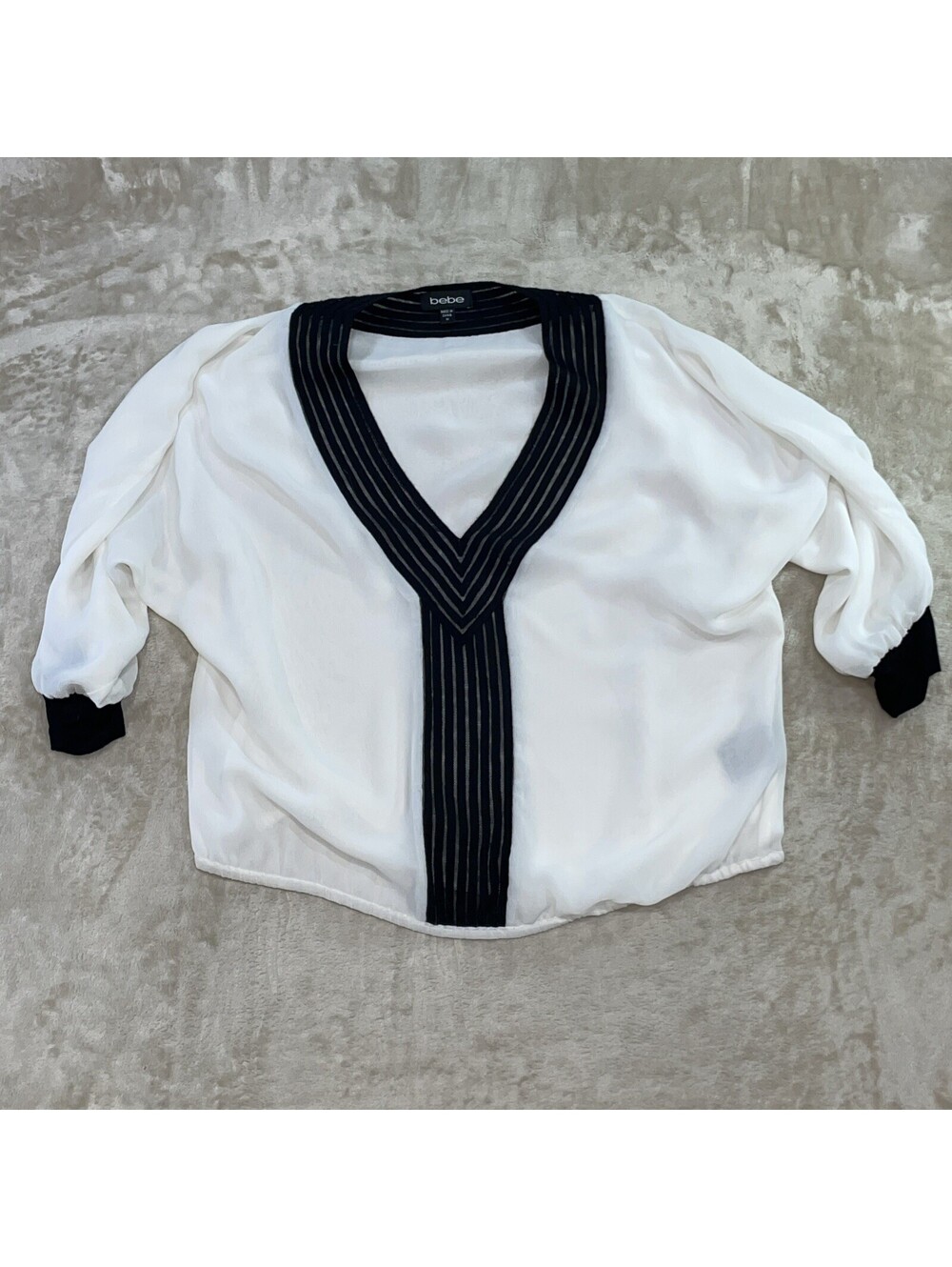 BEBE Sheer V-Neck White Blouse W/ Black Trim Women’sSize Medium